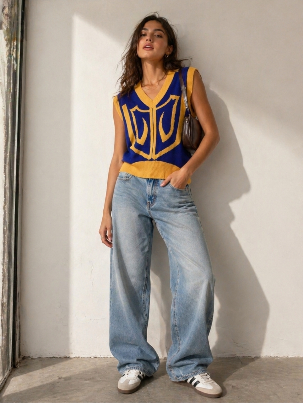 Steady Hands Blue and Mustard Graphic Knit Vest
